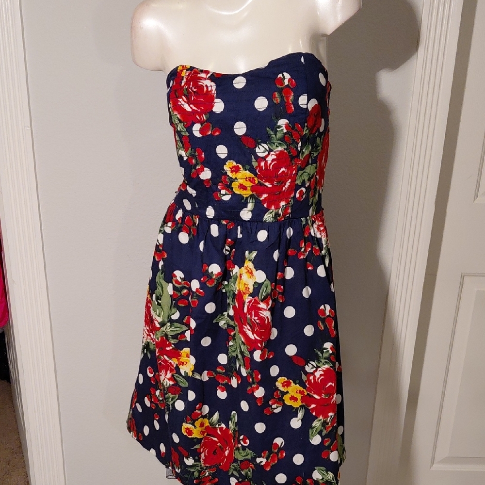 Torrid Navy Strapless Floral & Polka Dot Dress